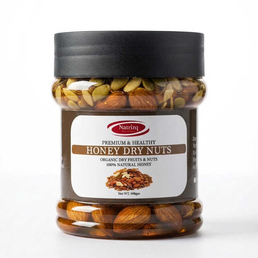 Jar of honey dry nuts with a Nutrim label on a white background