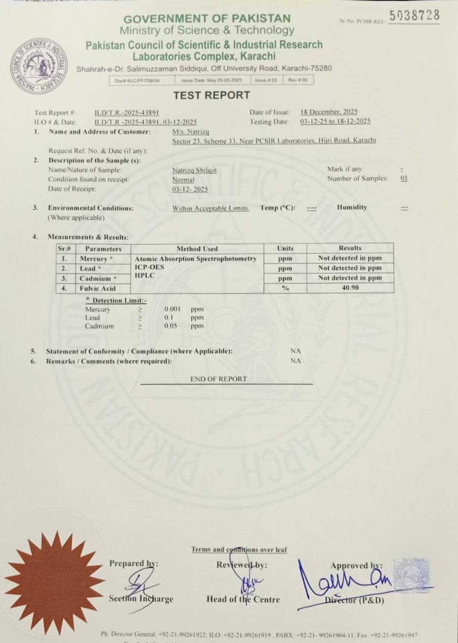 Test report from the Pakistan Council of Scientific & Industrial Research Laboratories Complex, Karachi.