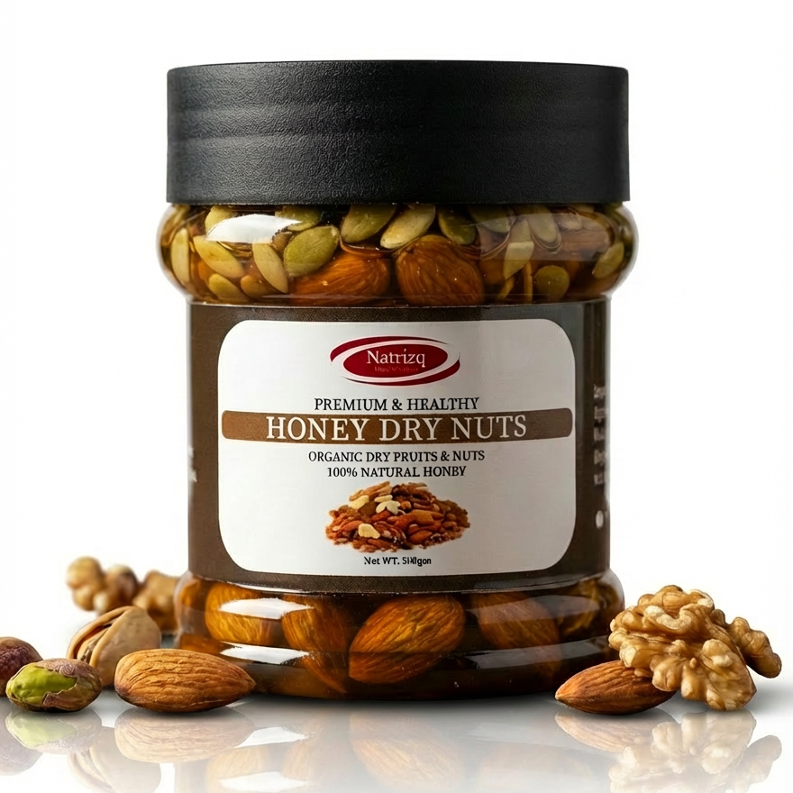 Jar of honey dry nuts with a black lid on a white background